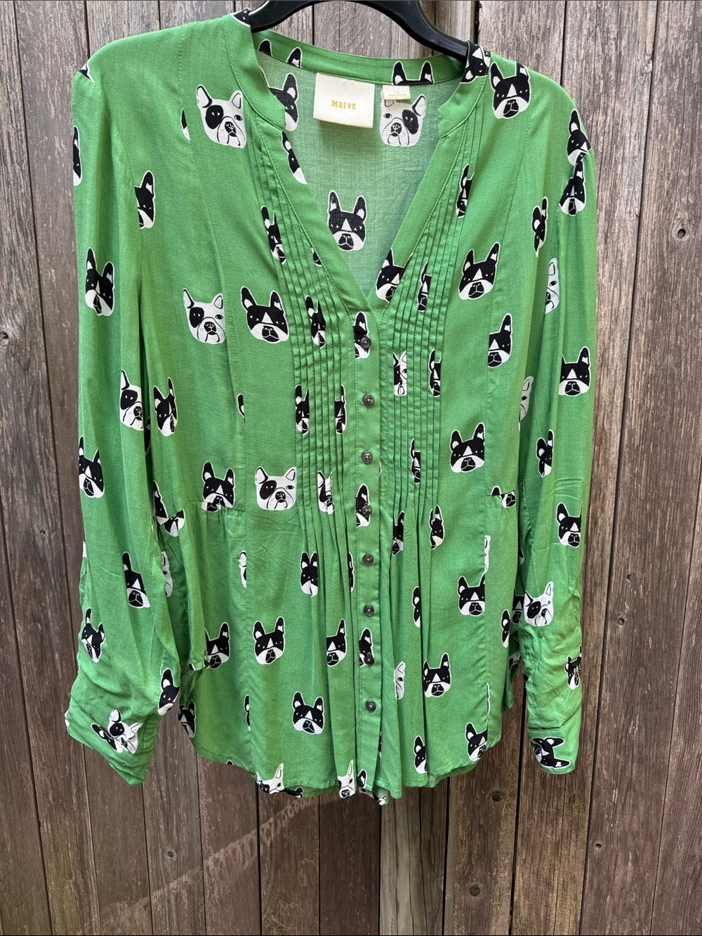 Maeve Anthropologie Green Boston or French Bulldog Print Blouse - Picture 5 of 6
